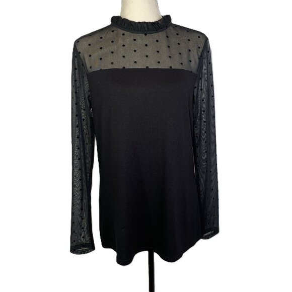 Long Tall Sally Black Sheer Polka Dot Neck Jersey Long Sleeve Top Size M - Picture 1 of 14